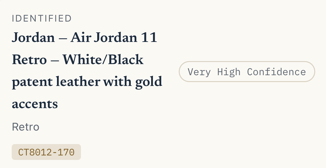 Real SoleStamp identification result matching an Air Jordan 11 Retro to style code CT8012-170 with very high confidence